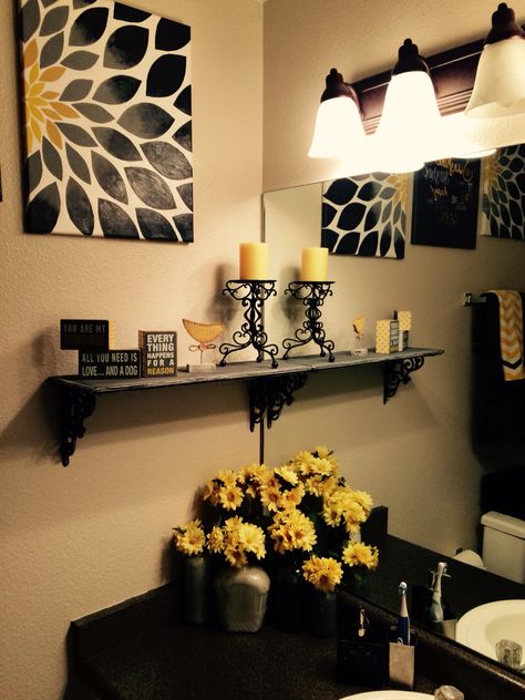 Grey, yellow, and black 'You Are My Sunshine' themed bathroom. Needed a happy color for the space where we start our days. All decorations made by yours truly. Black And Grey Bathroom, Sunflower Bathroom, Grey Bathroom Decor, Yellow Bathroom Decor, Room Yellow, Brown Bathroom Decor, Black Bathroom Decor, Bathroom Decor Themes, Gray Bathroom Decor