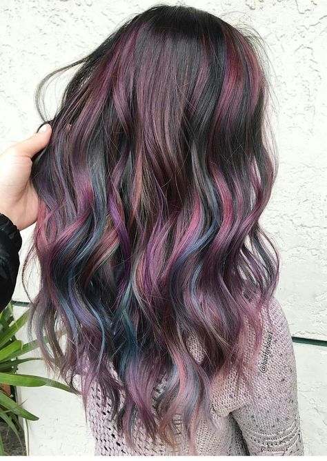 Hair Ideas Colored Brunette Highlights, Lilac Peekaboo Highlights For Dark Hair, Bayalage Brunette Purple Ombre, Two Color Balayage, Brunette Fashion Color Hair, Dimensional Purple Balayage, Brunette Hair Color With Purple Highlights, Balayage Mermaid Hair, Dark Brown Hair Pop Of Color