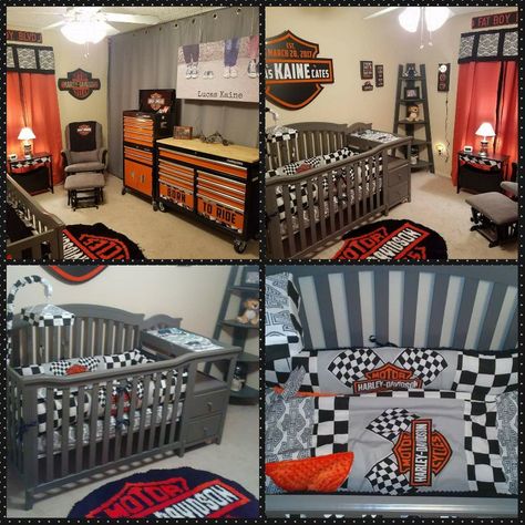 Harley Davidson Nursery Harley Davidson Bedroom Ideas, Harley Davidson Gender Reveal, Harley Davidson Nursery, Harley Davidson Baby Shower Ideas, Baby Harley Davidson, Harley Davidson Baby Shower, Motorcycle Nursery, Harley Baby, Biker Baby