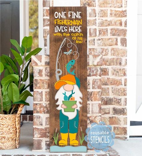 Porch Leaners| WallCutz Crafts Old Fence Board Projects, 2024 Sayings, Fisherman Gnome, Gnome Painting, Old Fence Boards, Porch Leaners, Diy Porch Decor, Gnome Paint, Nifty Crafts