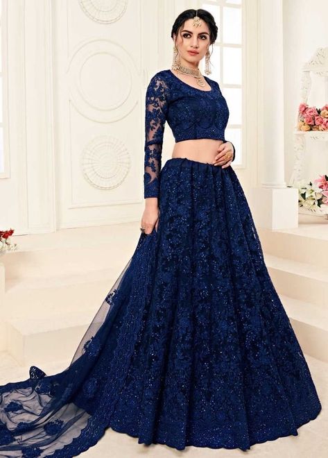 Stone Work Lehenga, Floral Thread Embroidery, Navy Blue Lehenga, Orang India, Lehenga Bridesmaid, Lehenga Bridal, Pengantin India, Sabyasachi Lehenga, Outfits Indian