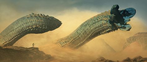 Dune Worms, Peter Konig on ArtStation at https://www.artstation.com/artwork/3r0VY Pascal Blanché, Dune Film, Dune Series, Dune Book, Dune Art, Denis Villeneuve, Frank Herbert, Septième Art, Skull Island