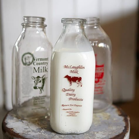 original american milk bottles by the original home store Liquid Cheese, Dairy Brands, Milk Cafe, Vintage Milk Bottles, Antique Phone, Milk Packaging, 90s Home, Chocolate World, Glass Milk Bottles