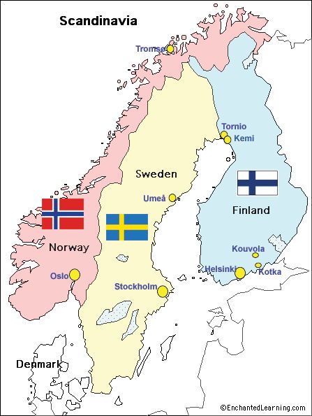 No such "place" as Scandinavia... a mountain range, Scandit Mountains, runs through Norway & Sweden... Finland, because attached, gets rolled in to "scandinavian countries" Swedish Heritage, World Thinking Day, Lillehammer, Scandinavian Countries, Umea, Nordic Countries, Northern Europe, Travel Maps, Travel Deals