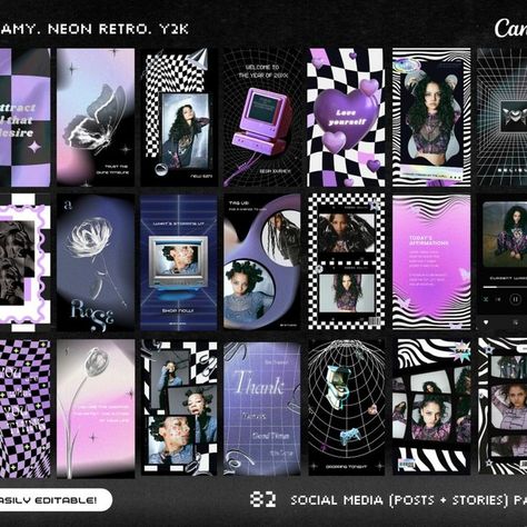 Y2K Neon Retro Social Media Template Y2k Instagram Feed, Y2k Template, Retro Social Media, Neon Y2k, Instagram Grid Design, Canva Etsy, Neon Retro, Y2k Posters, Futuristic Aesthetic