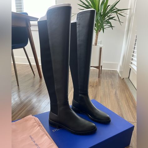 Brand New! Black Leather Size 7. Comes With Box And Dust Bag :) Leopard Loafers, Stuart Weitzman Sandals, Stuart Weitzman Heels, Black Rain Boots, Blue Wedges, Block Sandals, Espadrilles Platform, Wedge Heel Sandals, Knee High Leather Boots