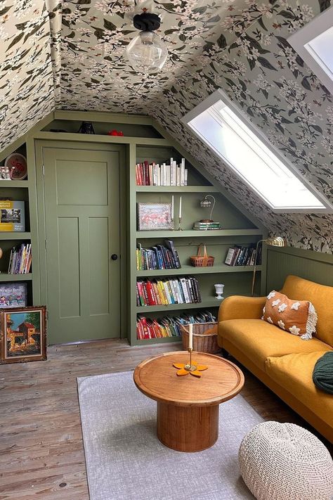 a room with a green cabinet and a couch Attic Room Ideas, Attic Makeover, Slanted Walls, Creative Bookshelves, Bedroom Corner, Attic Bedrooms, Attic Renovation, Attic Remodel, Loft Room