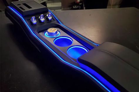 Upgrade Your Car with Style and Accent Lights Custom Consoles Car, Custom Auto Interiors, Custom Center Console Truck, Custom Car Interior Diy, Car Customization Ideas, Cool Car Interior Ideas, Cool Car Interior, Car Interior Ideas, Custom Subwoofer Enclosure