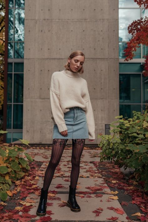 Fall outfit featuring a cream sweater, denim mini skirt, women's black polka dot stockings, and Dr. Martens boots, styled by a woman standing outside a tall building, the path covered in autumn leaves. Big Sweater With Tights, Denim Skirt And Stockings Outfit, Black Mini Skirt And Stockings Outfit, Short Denim Skirt Outfits Winter, Denim Mini Skirt Outfit Fall, Denim Skirt With Tights, Denim Skirt Tights, Skirt And Boots Outfit, Perfect Fall Outfit