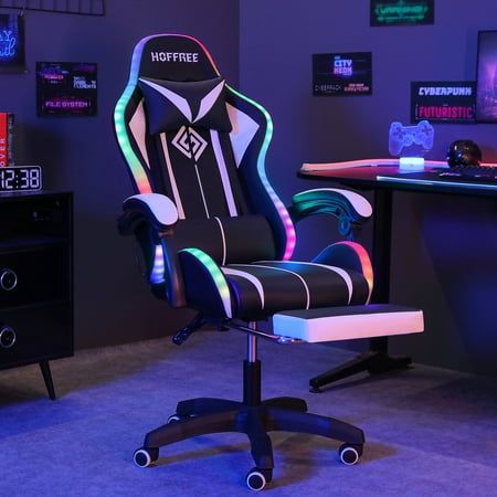 OUR GAMING CHAIR IS WRAPPED IN HIGH-QUALITY LEATHER IN A SLEEK, RACE-INSPIRED SHAPE, PROVIDING AN IMMERSIVE GAMING EXPERIENCE AND EXTRA COMFORT FOR LONG-PERIOD WORKING OR GAMING. PERFECT FOR YOU TO PLAY COMPUTER GAMES, WATCH TV, DO THE WORK, OR HAVE A REST. DON'T MISS IT, YOU DESERVE IT. Feature: COLORFUL RGB LED LIGHTS: Designed with LED flashing lights on the back and the edge of the seat, you can easily adjust multiple lighting modes and brightness by remote control, creating a more dynamic feel in your gaming room while playing. 2-POINTS Lumbar Massage: The massage gaming chair features two motors in the waist cushion position for lumbar massage function, providing you ultimate comfort and relaxation. ERGONOMIC DESIGN: Strong metal frame designed to help promote a comfortable seated po Chair With Footrest, Computer Chair, Lumbar Support, Gaming Chair, Rgb Led, Desk Chair, Office Chair, Massage, Gaming