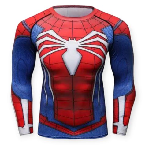 New With Tags. Cool- Max Spider-Man Costume Long Sleeves Compression Shirt Size Small Long Sleeves, A Classic Round Neckline Compression Fit Designed For Men (Unisex) Physiological Advantage 4-Way Stretch Fabrication Moisture Transport System Smooth, Chafe-Free Flatlock Seam Construction Machine Washable & Dryer Safe Bin Jj Mens Gym Wear, Costume Display, Teen Cosplay, Compression Shirts, Compression T Shirt, Superhero Shirt, Mens Compression, Male Cosplay, Mens Halloween Costumes