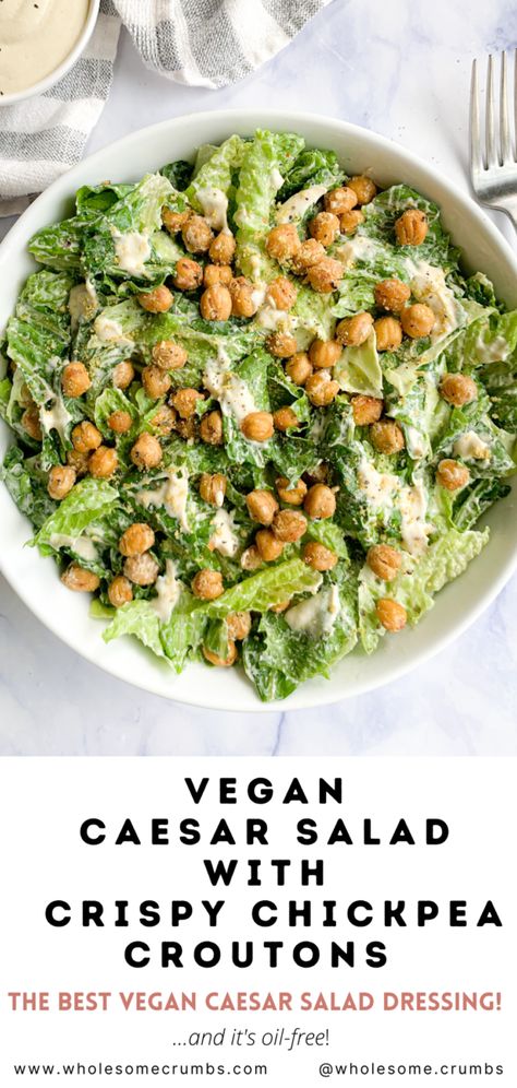 Vegan Caesar Salad Dressing, Baked Chickpeas, Vegan Caesar Dressing, Vegan Caesar Salad, Crunchy Chickpeas, Vegan Entrees, Vegan Caesar, Caesar Salad Recipe, Spiced Chickpeas