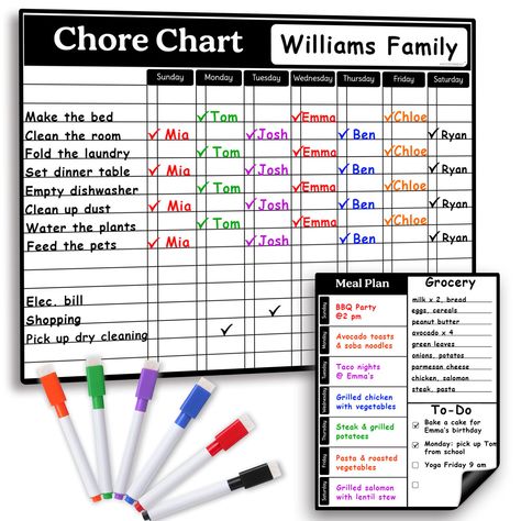 PRICES MAY VARY. EVERYTHING YOU NEED: 2 refrigerator white board planners & bonus 6 dry erase markers with eraser caps. ACCOUNTABLE & MOTIVATED KIDS: Responsibility chart that will teach your kids, in a fun way, how to get organized and meet their goals. CHORES BECOME FUN: The reward board keeps the kids on their toes for chores & excited for their check marks. QUALITY MATTERS: Stain resistant surface, wipes easily, strong magnetic backing & flat packaging. GET THE WHOLE FAMILY ON THE SAME PAGE Chores Chart For Adults, Teen Chore Chart Ideas, Large Family Chore Chart, Chores Board Ideas, Chore Boards For Kids, Chore Board Ideas, Chore Chart Diy, Kids Chore Board, Diy Chore Chart Kids