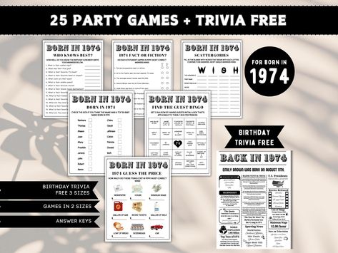 50th Birthday Party Games Bundle | Born in 1974 Games | 50th Birthday Games Bundle & Trivia Party Games for Family , 1974 birthday games Party Games For Family, 30th Birthday Party Games, 40th Birthday Party Games, 50th Birthday Games, 40th Birthday Games, Trivia Party, 30th Birthday Games, 50th Birthday Party Games, 1974 Birthday