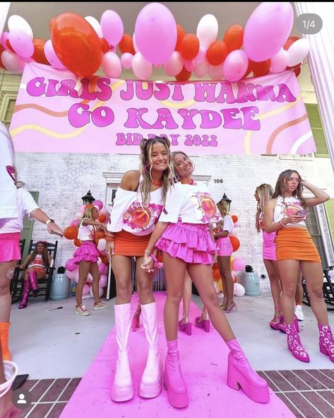 Kd Bid Day Themes, Sorority Barbie Theme, 2000s Sorority Theme, Gphi Bid Day Themes, 70s Bid Day Theme, Bid Day Themes Kappa Delta, Disco Theme Bid Day, Girls Just Wanna Go Bid Day, Y2k Bid Day Theme