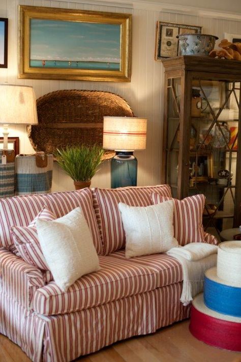 A red, white and blue story at Nantucket Looms Striped Armchair Living Room, Brussels House, Living Room Chic, Striped Couch, Blue Story, 1st House, Ocean Hues, Dream Library, Park Street