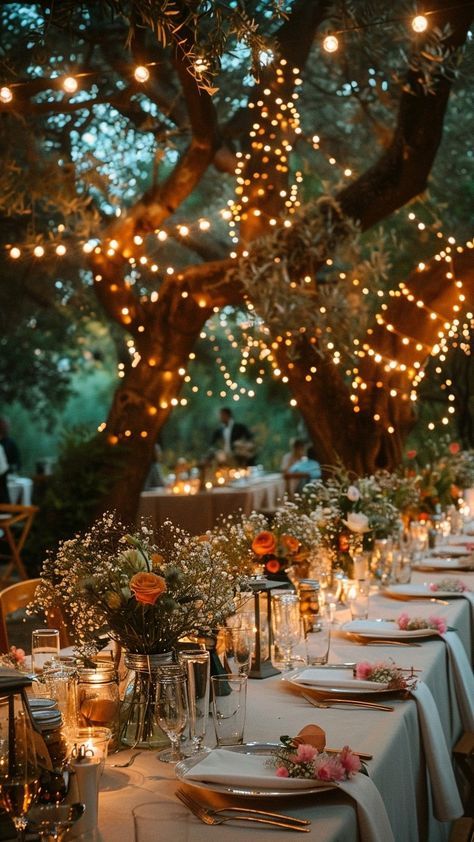 Fairy Lights Trees Backyards, Fairy Garden Theme Wedding, Backyard Fairy Lights Party, Outdoor Evening Wedding Ideas, Whimsical Garden Wedding Centerpieces, Wedding Receiving Line, Wedding Reception Garden, Twinkle Lights Wedding, Abroad Wedding