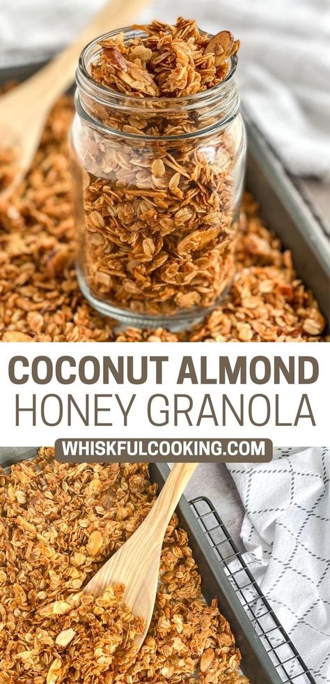 This Easy Homemade Coconut Almond Honey Granola recipe is full of flavor and aroma with sweet coconut, crunchy almonds, and baked with honey. A delicious breakfast with milk, fruit, yogurt, or to enjoy as a snack! Vanilla Almond Granola Recipe, Breakfast With Milk, Coconut Oil Granola, Honey Granola Recipe, Coconut Almond Granola, Almond Granola Recipe, Coconut Granola Recipe, Honey Almond Granola, Vanilla Almond Granola