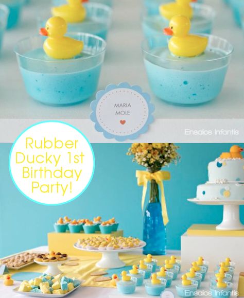 Rubber Duckie Yellow & Blue 1st Birthday Party via Karas Party Ideas- www.KarasPartyIdeas.com Rubber Ducky Party, Minimalist Theme, Ducky Baby Shower, Rubber Ducky Baby Shower, Baby Shower Duck, Duck Birthday, Boy Baby Shower Ideas, Party Box, Festa Party