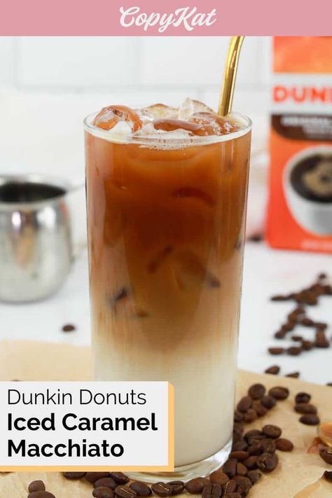 Dunkin Iced Caramel Macchiato is a delicious creamy coffee drink with rich flavor. Get the easy copycat recipe and find out how to make the best iced caramel macchiato like Dunkin Donuts at home. Save money and make a delightful homemade espresso drink with simple ingredients. Dunkin Caramel Macchiato, Dunkin Iced Caramel Macchiato, Dunkin Donuts Recipe, Caramel Syrup Recipe, Iced Macchiato, Iced Caramel Macchiato Recipe, Duncan Donuts, Homemade Espresso, Caramel Macchiato Recipe