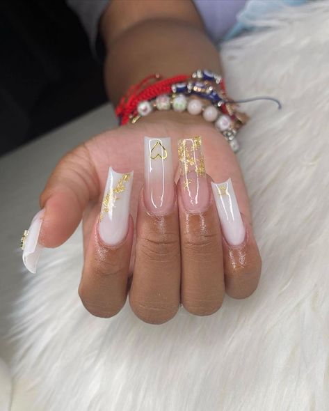 Gold Nails Prom, Nails With Gold Flakes, 21st Birthday Nails, White Nails With Gold, Gold Acrylic Nails, Daily Nails, Black Acrylic Nails, Blue Acrylic Nails, Girly Acrylic Nails