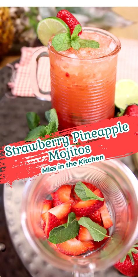 Strawberry Pineapple Mojito cocktails are refreshing and full of summer flavors.  Just a few ingredients for this rum cocktail that can be easily made by the glass. Refreshing Rum Cocktails, Rum And Orange Juice, Orange Juice Cocktails, Pineapple Mojito, Summer Flavors, Mojito Cocktail, Pineapple Rum, Mojito Recipe, Boozy Drinks