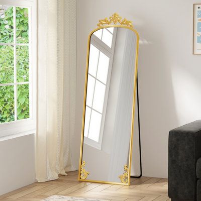 Interior designers often use large mirrors to make a small room appear larger or to brighten a poorly lit room. The full mirror full length can play an important role in your home decor and the overall feel of your home. Finish: Gold | House of Hampton® Isabellia Square Metal Floor Mirror in Yellow | 65 H x 21 W x 1.57 D in | Wayfair Gold Floor Mirror, Jungle Bathroom, Wall Mounted Jewelry Armoire, Spiegel Gold, Large Mirrors, Mirror Full Length, Gold House, Full Mirror, Cheval Mirror