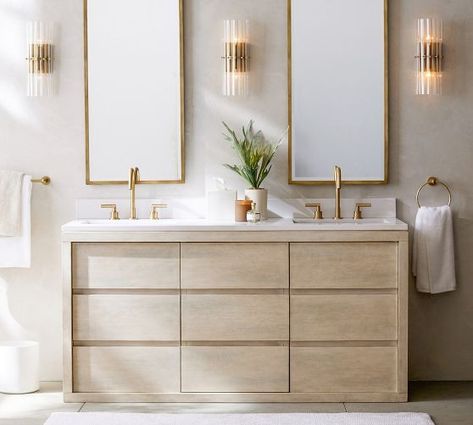 Bathroom Light Fixtures & Vanity Lights | Pottery Barn Silver Hardware Bathroom, Polished Nickel Bathroom Fixtures, Polished Nickel Bathroom, Floor Bathroom, Crystal Wall Sconces, Double Sink Vanity, Construction Crafts, Brass Antique, Double Bathroom Vanity