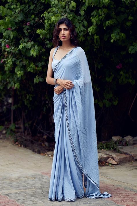 Powder Blue Saree, Cocktail Sarees, Saree Jacket, Saree Looks, Drape Sarees, Indian Designers, Simple Saree Designs, Sarees For Girls, Indian Sari Dress