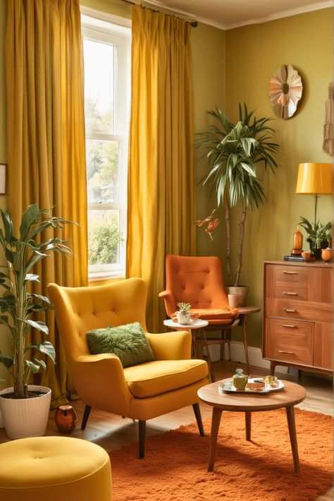 17 Modern 70s Living Room Ideas – The Crafty Hacks 70s Curtains Living Room, 1970s Furniture Living Rooms, 60s Modern Home Decor, Retro Style Home, 70s Lounge Room, Orange Yellow Room, 70s Home Aesthetic, Retro Interior Design 1970s, 70s Aesthetic Home