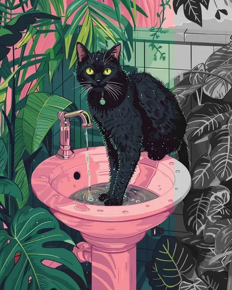 Full Color Image in ai-img-gen.com 🔸 painting illustration , a black standing on a round pedestal bathroom sink, the cat is washing his p... 🔸 From Midjourney AI Image Black Cat Art Wallpaper, Cat With Piercing, Bathroom Illustration, Bathroom Scene, Whimsical Bathroom, Pedestal Bathroom Sink, Cat Dark, Pink Porcelain, Art Prints Boho