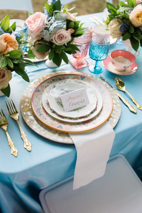 Mix and match vintage china and glassware and gold flatware from Tea and Old Roses tableware rental. 2b Photography. #tablesetting #weddingchina #vintagechina #tabledecor #weddingdecor #weddingtheme #weddingrentals #eventrentals #colorfulwedding #bridaltea #bridesmaidsluncheon Old Roses, Vintage Table Setting, Valentine Tea, Sincerity Bridal, Wedding China, Gold Flatware, Bridal Tea, Alabama Weddings, Vintage Tableware