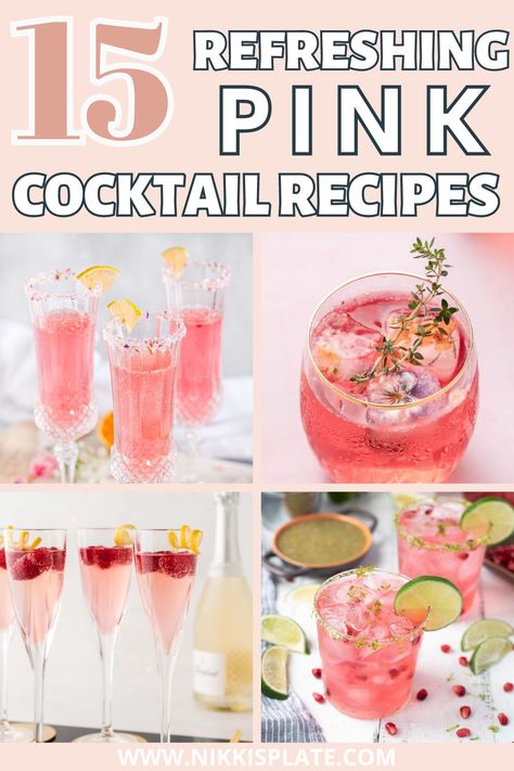 15 REFRESHING PINK COCKTAILS FOR YOUR NEXT GIRL'S NIGHT - A round-up of the 10 most delicious pink cocktails! From refreshing fruity blends to classic favorites, there's something for every taste in this list. Diy Pink Cocktail, Pink Colored Cocktails, Pink Pitcher Cocktails, Cocktails For Girls Night, Girls Night Drink Ideas, Fun Cocktails Girl Night, Girly Alcoholic Drinks, Pink Cocktails Recipes, Girls Cocktail Night