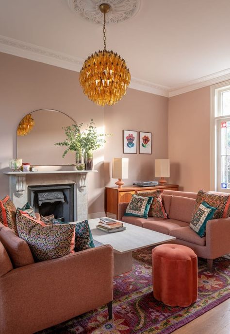 Mauve Living Room, Dead Salmon, Farrow And Ball Living Room, Setting Plaster, French Style Living Room, Green Sofa Living, Lounge Room Styling, Victorian Living Room, Reception Room