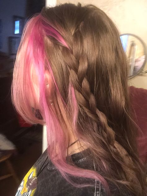 One Strand Of Color In Hair, Pink Hair Brown Hair, Pink Underdye Hair, Highlights Pink Hair, Brown To Pink Balayage, Brown Pink Hair, Pink Peekaboo Hair, Brown And Pink Hair, Pink Hair Highlights