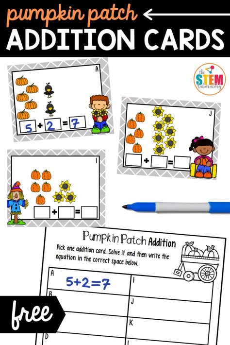 These pumpkin patch addition cards are perfect for every classrooms fall math centers! Kindergarten and first graders will love adding numbers together using a visual fall picture as a scaffold! This games even comes with a FREE recording sheet, making it a teacher favorite and easy prep. #addition #mathcenters #fallactivities Addition Task Cards Free, Addition Small Group Activities, Math Addition Games Kindergarten, Addition And Subtraction Math Centers, Fall Math Stations Kindergarten, Halloween Addition Kindergarten, Fall Addition Activities, Fall Math Centers Kindergarten Free, Fall Math Centers First Grade