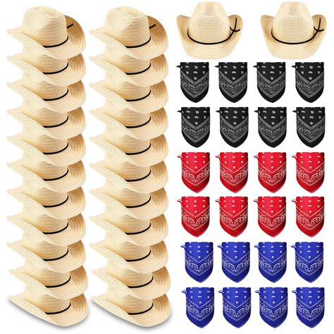 PRICES MAY VARY. Bulk Pack Cowboy Hats: the package includes 24 pieces of cowboy straw hats, 8 pieces of black bandanas, 8 pieces of blue bandanas and 8 pieces of red bandanas; They can be combined in different styles to be suitable for different occasions or people; It's enough to meet your needs of daily use and replacement, while it can be a nice gift for your family and friends Practical and Durable: these cowboy party hats are made of quality paper straw which is lightweight and comfortable Western Theme Birthday Party, Straw Cowboy Hats, Western Party Decorations, Cowboy Themed Birthday Party, Cowboy Theme Party, Western Style Wedding, Wild West Party, Western Birthday Party, Rodeo Party