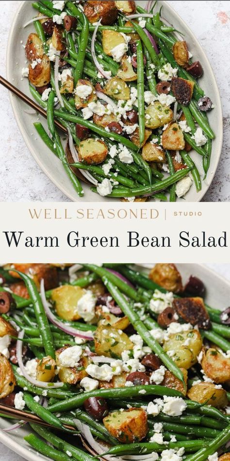 Green Bean Salad Recipe Green Bean And Mushroom Salad, Meal With Green Beans, Grilled Green Beans And Potatoes, Green Bean Meal Recipes, Green Bean Corn Salad, Green Potato Salad, Salad Recipes With Sweet Potato, Fall Green Beans, Salads With Green Beans