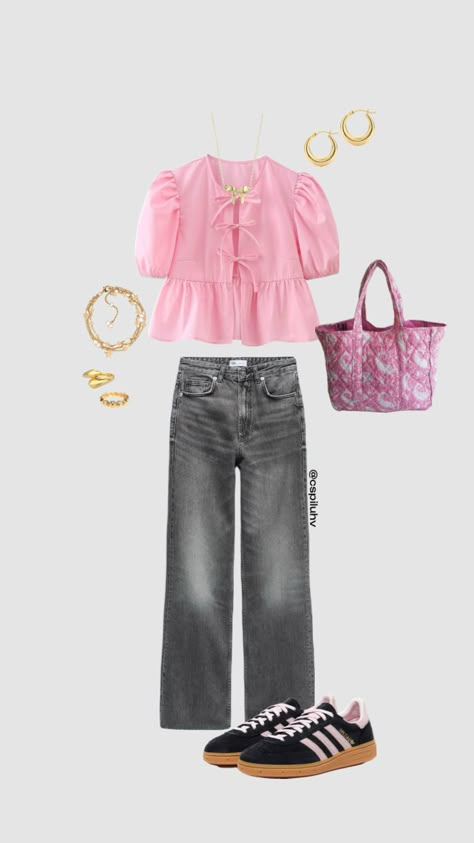 @cspiluhv outfit ideas pink blouse grey wide jeans hoops style Pink Jeans Outfit, Outfit Ideas Pink, Populaire Outfits, Mode Ootd, Stockholm Fashion, Wide Jeans, Ig Stories, Jeans Outfit, Grey Jeans