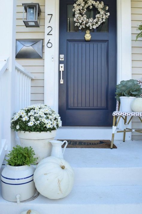 Fall Ideas for Front Porch and Eclectic Fall Home Tour Navy Front Door, Tan House, Blue Front Door, Door Colors, Door Paint Colors, Front Door Entrance, Painted Front Doors, Exterior Paint Colors For House, Casa Exterior