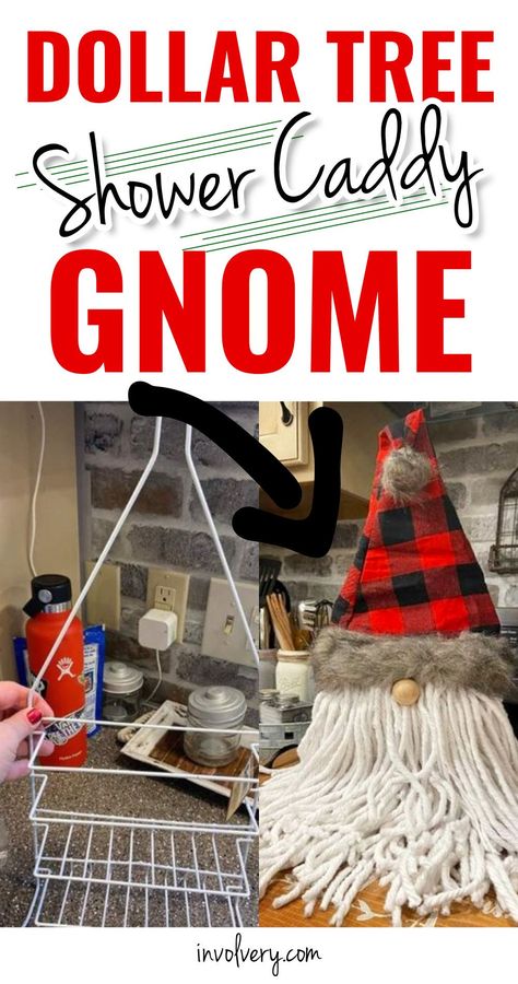 Love DIY gnomes crafts? Me too! Learn how to turn a cheap Dollar Tree store shower caddy into the cutest gnome decoration for Christmas or ANY holiday. Gnome Outside Christmas Tree, Dollar Tree Shower Caddy Gnome, How To Make A Christmas Knomes, Dollar Tree Gnomes With Mop, Dollar Store Gnomes Crafts, Gnome Tree Topper Diy, Dollar Tree Slipper Gnome, Dollar Tree Nome, Easy Gnomes Diy Dollar Tree