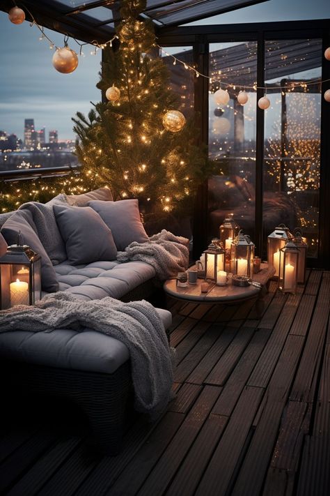 small balcony ideas balcony garden ideas balcony decor ideas balcony design ideas christmas decor ideas neutral holiday decor christmas tree ideas christmas tree decor ideas Winter Terrace Ideas, Balcony Winter, Winter Balcony Ideas, Home Makeovers, Hygge Living, Balcony Design Ideas, Terrace Decor, Courtyard Gardens Design, Comfy Bedroom