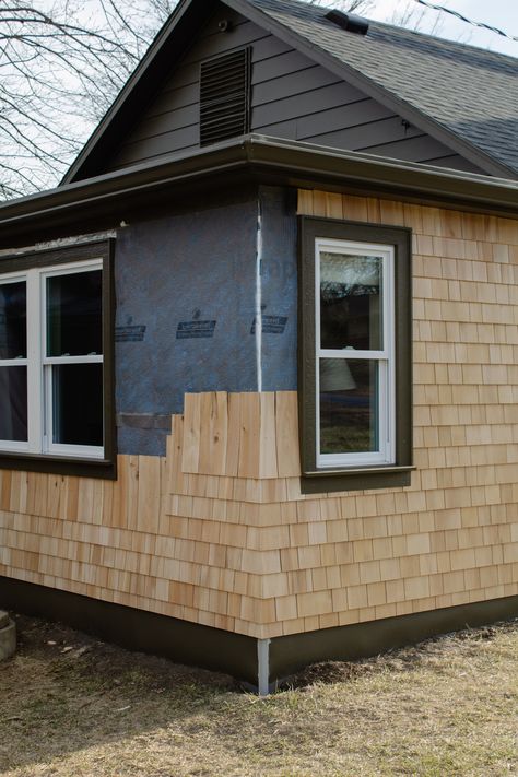 How to install cedar shingle siding. Where to buy cedar shingles. Cedar shingle siding tutorial. Tips and tricks for cedar shingle installation. How to use a ledger board. How to allow for water drainage. Exterior siding recommendations. | Nadine Stay #cedarshingles #cedarshakes #cedarsiding #cedarshinglesiding #sidingtips #cedarsidingtips #exteriordesign Nadine Stay, How To Install Baseboards, Cedar Shingle Siding, Cedar Shake Siding, Cedar Shingle, Board And Batten Exterior, Small Cabins, Shake Shingle, Cedar Shake