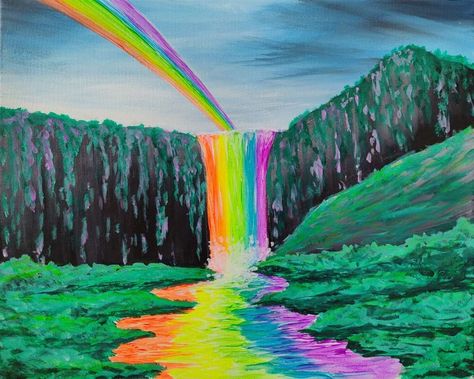 Rainbow Waterfall Painting, Winter Tree Drawing, Rainbow Waterfall, Rainbow River, Ocean Drawing, Rainbow Drawing, Moving Van, Pinots Palette, Rainbow Water