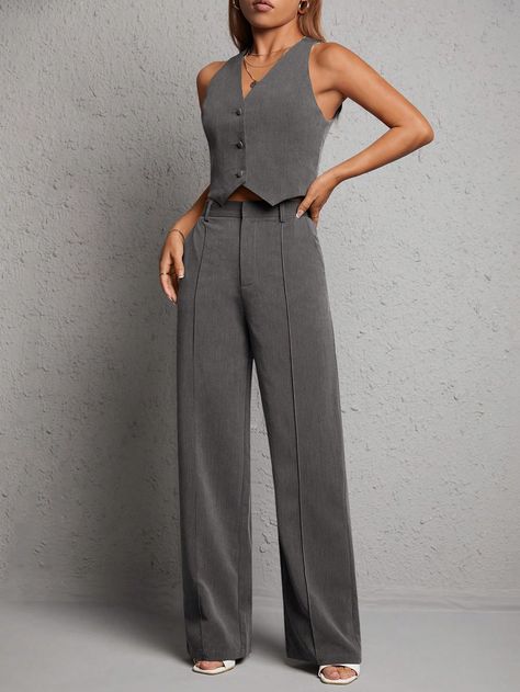 Light Grey Elegant Collar   Plain  Embellished Slight Stretch  Women Clothing Grey Vest Outfit, Grey Dress Pants Outfit, Gilet Outfit Women, Waistcoat Outfit Women, Suit Vest Outfits, Vest Outfit Women, Gray Groomsmen Suits, Formal Pants Women, Waistcoat Outfit