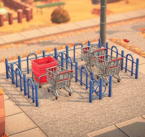 Acnh Shopping Cart Area, Acnh Ikea Island, Acnh Island Designs Shops, Acnh Car Park Design Code, Parking Lot Animal Crossing, Anch Shopping Area, Animal Crossing Parking Lot Design, Acnh Parking Lot Design Code, Shopping Area Acnh