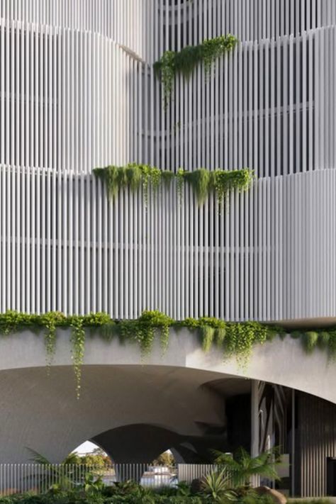 Artist's impression of proposed apartment building façade planned for Brisbane Facade With Plants, Curved Facade, Organic Building, Parking Lot Architecture, Atrium Design, Terrace Building, Classic Facade, Apartments Exterior, Brisbane River