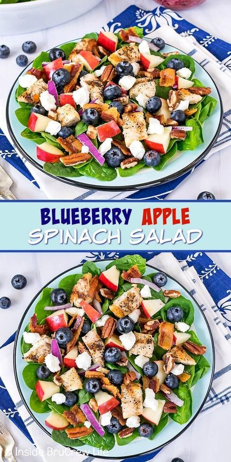 Spinach Blueberry Salad, Apple Spinach Salad, Blueberry Salad Recipes, Spinach Apple Salad, Easy Fruit Salad, Easy Fruit Salad Recipes, Strawberry Spinach Salad, Salad With Balsamic Dressing, Keto Chicken Salad