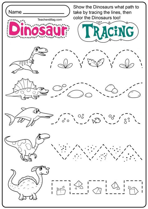 Dinosaur Letters & Number Tracing Worksheets | TeachersMag.com Mouth Sore, Dinosaur Letters, Number Trace, Dinosaur Worksheets, Dinosaur Theme Preschool, Dinosaur Activities Preschool, Line Tracing Worksheets, Tracing Worksheets Free, Dinosaur Alphabet