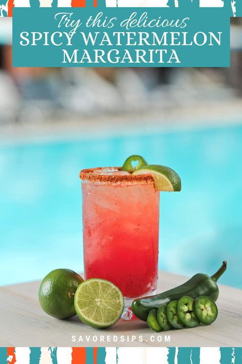 Watermelon Jalepeno Marg, Spicy Watermelon Margarita Recipe, Spicy Watermelon Margarita, Watermelon Jalapeno Margarita, Frozen Watermelon Margarita, Spicy Watermelon, Girly Drinks, Jalapeño Peppers, Mezcal Cocktails